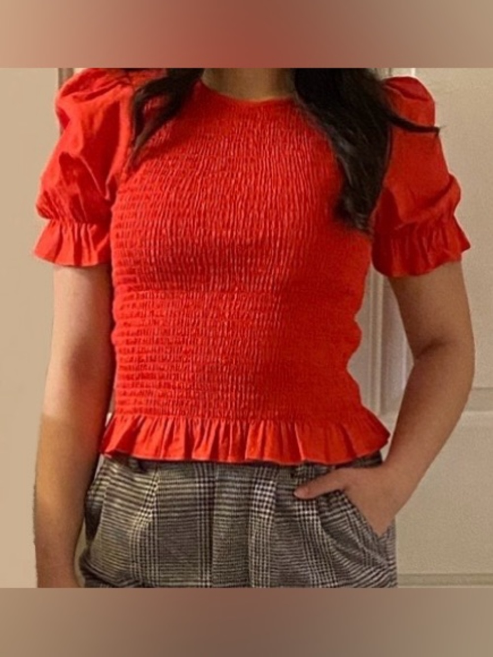Forever 21 Red Smocked Puff Sleeve Blouse Top